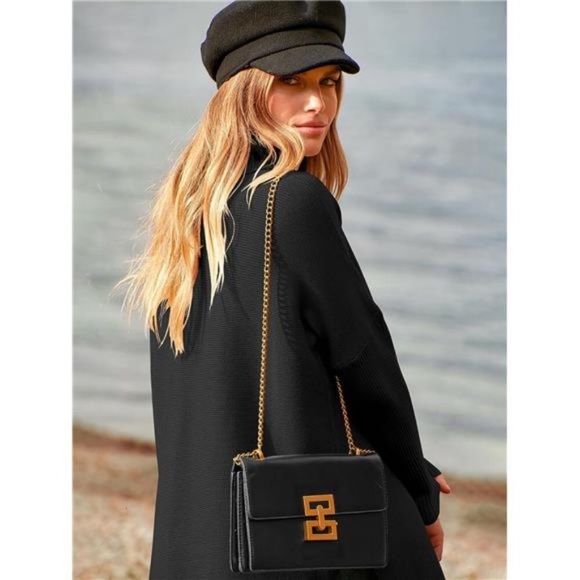 Turtleneck Oversized Batwing Sleeve Spilt Hem Knit Tunic Sweater For Women - Picture 2 of 7